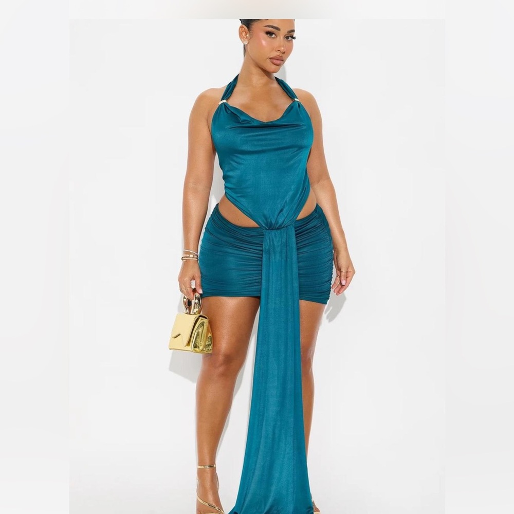 Fashion Nova Teal Halter Cutout Mini Dress with Front Drape